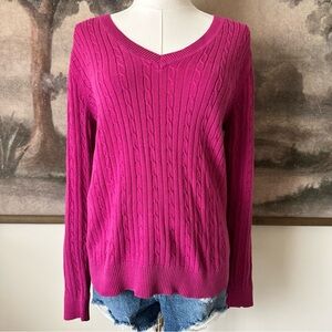 Tommy Hilfiger Magenta Cable Knit V-Neck Sweater